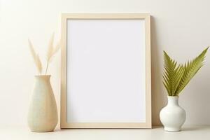 Blank picture frame mockup on wall in modern interior. Artwork template mock up in interior design with trendy vase, digital ai. photo