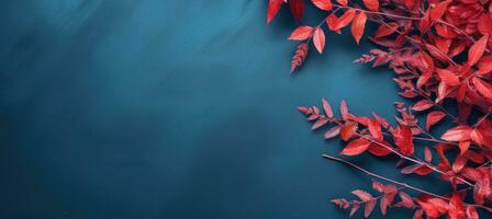 Autumn background with colored leaves on blue background. Generative AI photo