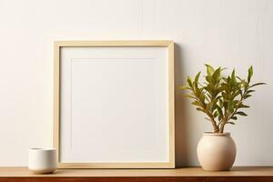 Blank picture frame mockup on wall in modern interior. Artwork template mock up in interior design with trendy vase, digital ai. photo