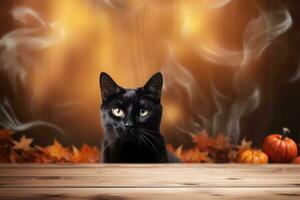 Old wooden table for product display with halloween background, autumn leaves and black cat. Thanksgiving day photo