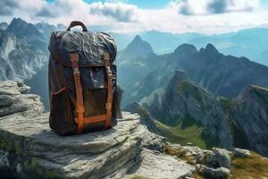 Tourist equipment. Backpack in the mountains, Dolomites. photo