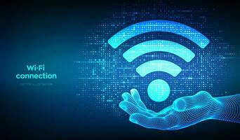 Wi-Fi network icon. Wi Fi sign made with binary code in hand. Wlan access, wireless hotspot signal symbol. Mobile connection zone. Data transfer. Router or mobile transmission. Vector illustration.