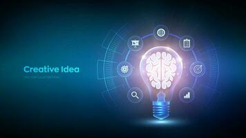 Creative Idea. Human brain in a light bulb. Business idea, brainstorming. Creative Thinking. Light bulb with brain. Creativity, innovation and inspiration technology concept. Vector illustration.