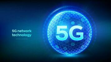 5G network wireless systems, internet of things technology concept. Abstract 3D sphere or globe with surface of hexagons. Smart city. 5G wireless mobile internet wifi connection. Vector Illustration.