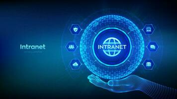 INTRANET. Global Network Connection Technology concept in the shape of sphere with hexagon grid pattern in wireframe hand. Intranet Business Corporate communication. DMS. Vector illustration.
