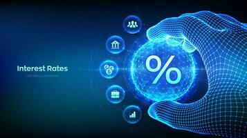 Interest rate dividend concept in the shape of polygonal sphere with percentage symbol in wireframe hand. Interest rates continue to increase, return on stocks and mutual funds. Vector illustration.