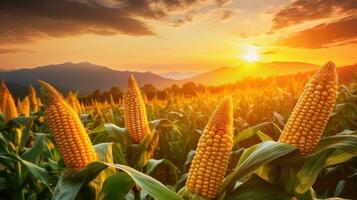 Corn cobs in agriculture field. photo