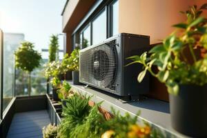 aire fuente calor bomba instalado en residencial edificio. generativo ai foto