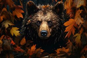 Frontal view of a bear in the autumn forest photo