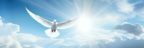 White dove with wings wide open in the blue sky air with clouds and sunbeams. Generative AI photo