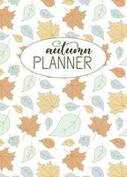 Autumn Notebook cover with Lettering. Customizable Vector illustration for Planner or Journal with Fallen leaves. Decorative design art template with Maple leaf in pastel colors.