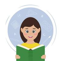 Cute smiling girl sitting with textbook in her hands. International Literacy or World book reading Day. Education, knowledge, study concept. Flat vector illustration