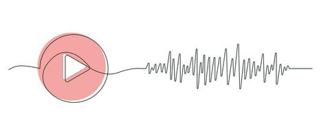 Play button with audio track drawn in one continuous line in color. One line drawing, minimalism. Vector illustration.