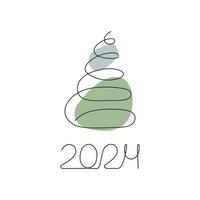 Christmas tree and inscription 2024 drawn in one continuous line. Greeting banner or postcard. Minimalist black linear sketch with color spots. Vector illustration.