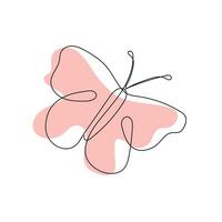 Butterfly drawn with single line with pink color spot. Minimalism. Vector illustration.