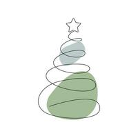 Christmas tree with star drawn in one continuous line with color spot. One line drawing, minimalism. Vector illustration.