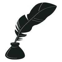 Inkwell and feather pen black silhouette. vector