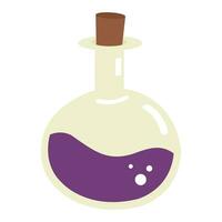 A doodle bottle with purple magic potion. Cartoon style glass flask. Witch craft. Isolated on white. Halloween element. vector