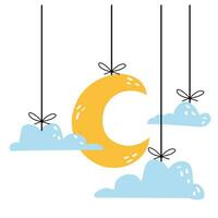 Cute yellow moon and blue clouds. vector