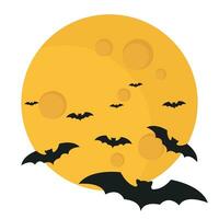 Yellow full moon and flying bats. Halloween concept. Vector illustration. Flat design. Isolated on white.