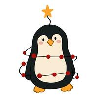linda dibujos animados pingüino envuelto en Navidad guirnalda. vector