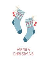 Christmas greeting card with socks  in flat style. vector