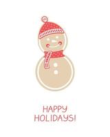 Holiday greeting card with seasonal bakery - gingerbread snowman. vector