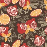 Seamless pattern with pomegranates, orange slices, and fir branches vector