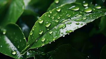 Leaves with waterdrops. Drops of transparent rain water on leaves macro. Generative AI photo