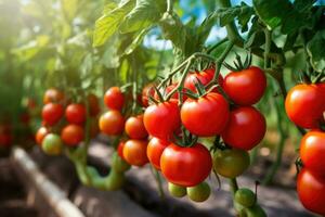 Fresh organic ripe tomatoes branch growing in greenhouse, digital ai. photo
