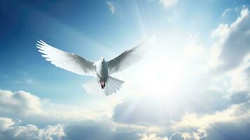 White dove with wings wide open in the blue sky air with clouds and sunbeams. Generative AI photo