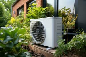 aire fuente calor bomba instalado en residencial edificio. generativo ai foto