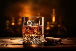 Whiskey glass and cigar on wooden table photo