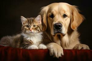 Retriever dog with a cat. Beautiful lovely pets. Generative AI photo