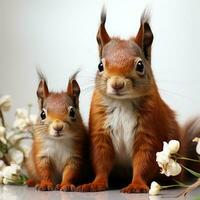 Squirrel and baby squirrel on white background. Generative AI photo