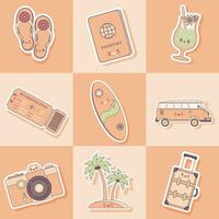 viaje pegatinas conjunto de de viaje pegatinas en estilo kawaii colección incluir dar la vuelta fracasos, pasaporte, cóctel, boleto, tabla de surf, autobús, cámara, palma árbol, maleta. vector