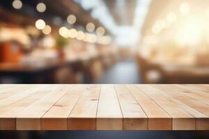 Wooden table top on blurred supermarket background photo