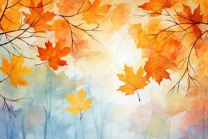 Watercolor autumn abstract background with maple leaves. Generative AI photo