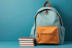 School bag and textbooks in front of a blue background. Back to school concept photo