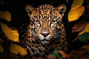 Head of a jaguar among the leaves in the jungle, Panthera onca. Generative AI photo