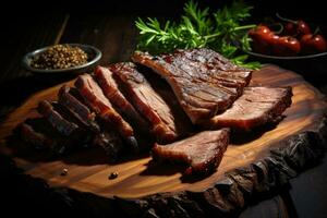 Sliced roast pork on a wooden cutting board photo