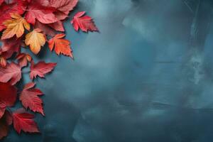 Autumn background with colored leaves on blue background. Generative AI photo