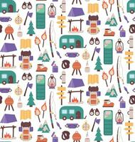 Seamless pattern with things for traveling to the mountains. Fishing and summer camping. Hike with backpacks, rest in the forest. print object stuff design wallpaper. background vector illustration.