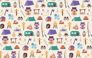 Seamless pattern with things for traveling to the mountains. Fishing and summer camping. Hike with backpacks, rest in the forest. print object stuff design wallpaper. background vector illustration.