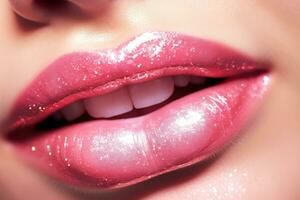 cerca arriba de un muchachas labios con lápiz labial y Brillantina. generativo ai foto