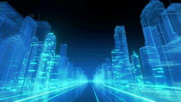 stad bands van licht rennen door een cyber stad. weg naar de toekomst. snelheid internet lijn weg. video