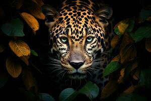 Head of a jaguar among the leaves in the jungle, Panthera onca. Generative AI photo