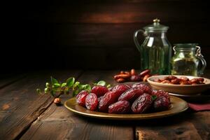 Ramadan Fasting Dates on Wood Table. Generative AI photo