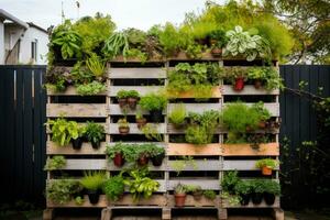 Recycled pallets with hanging plants creating a vertical garden photo