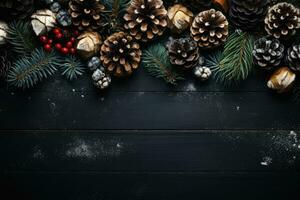 Christmas decoration with pine cones. Christmas background with space for text. Generative AI photo